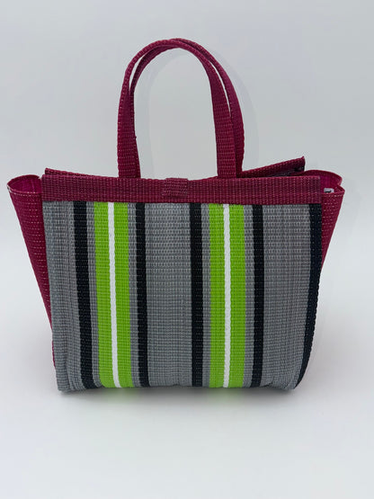 Emerald Medium  handwoven tote bag by SCRUBIES in Wine,Gray,Green,Black,White with Stripes design and Bow accent pattern