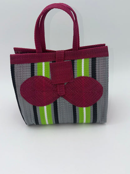 Emerald Medium  handwoven tote bag by SCRUBIES in Wine,Gray,Green,Black,White with Stripes design and Bow accent pattern