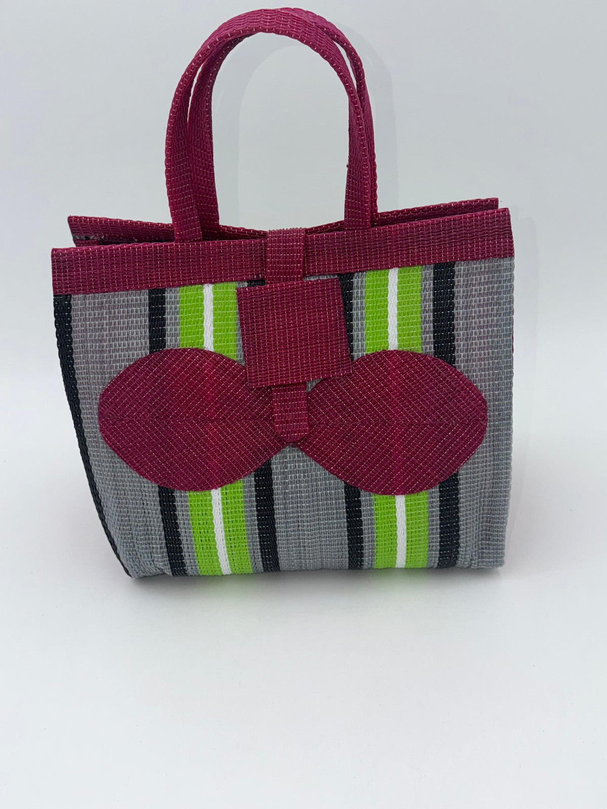 Emerald Medium  handwoven tote bag by SCRUBIES in Wine,Gray,Green,Black,White with Stripes design and Bow accent pattern