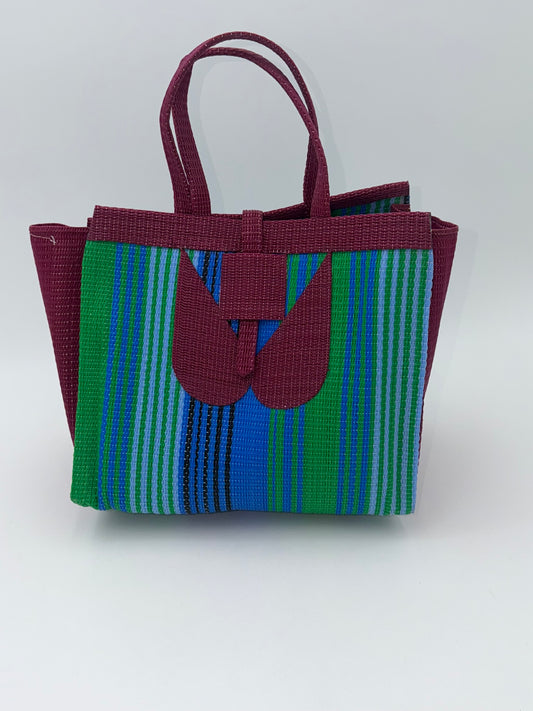 Emerald Medium  handwoven tote bag by SCRUBIES in Wine,Blue,Green, with Stripes design and Leaf accent pattern