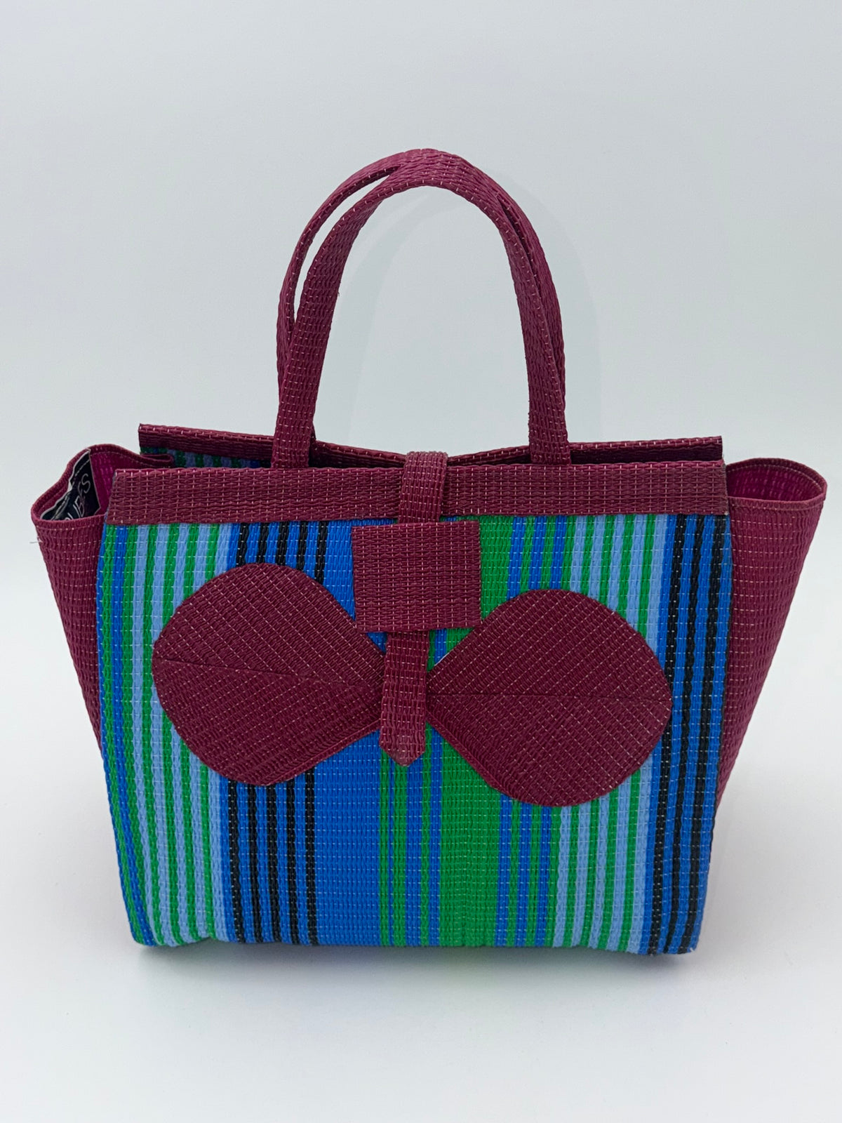 Emerald Medium  handwoven tote bag by SCRUBIES in Wine,Blue,Green, with Stripes design and Bow accent pattern