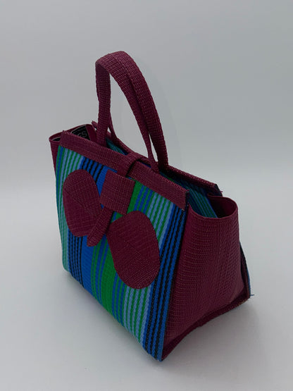 Emerald Medium  handwoven tote bag by SCRUBIES in Wine,Blue,Green, with Stripes design and Bow accent pattern