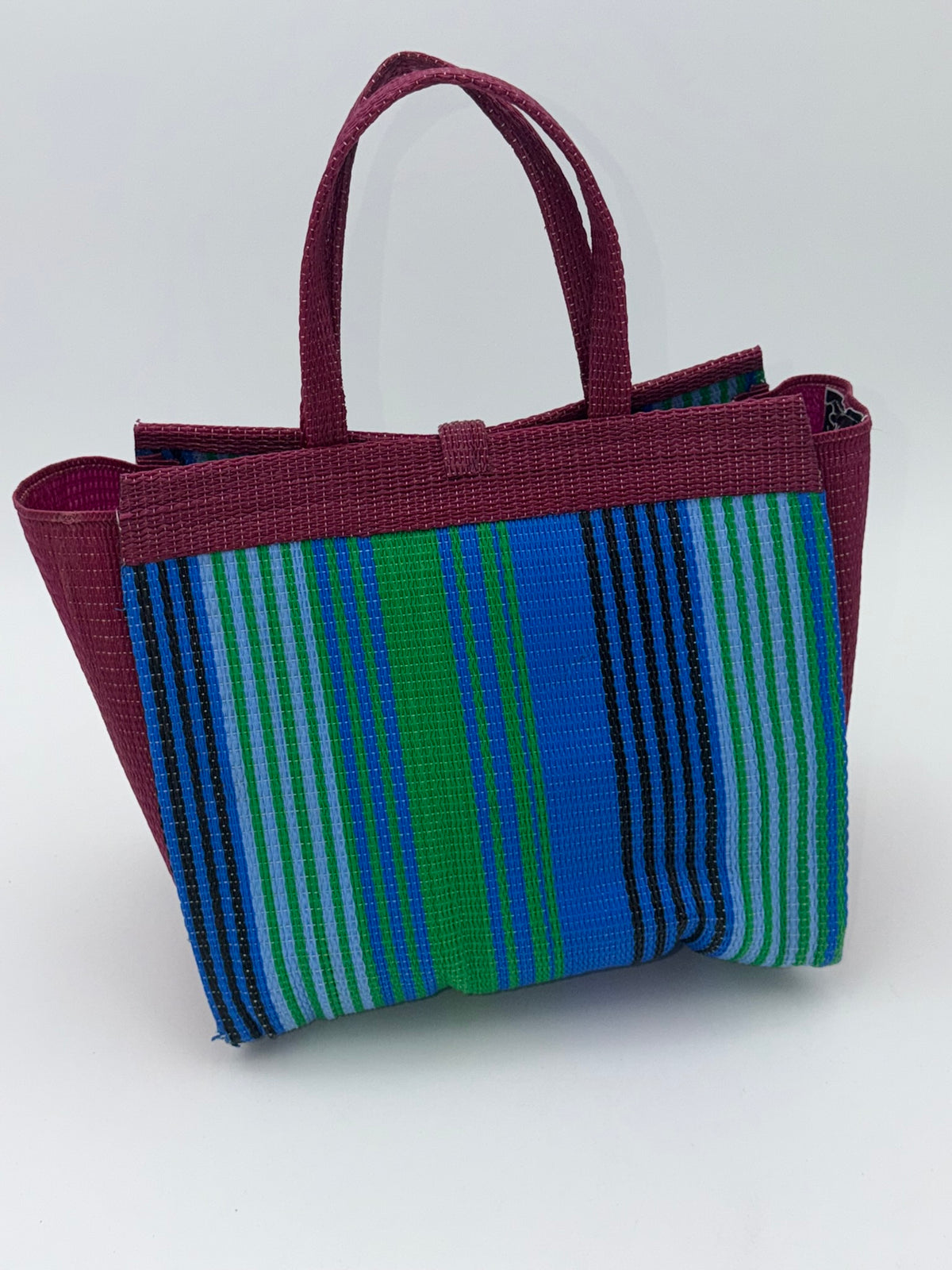 Emerald Medium  handwoven tote bag by SCRUBIES in Wine,Blue,Green, with Stripes design and Bow accent pattern
