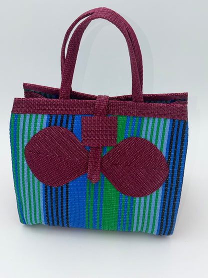Emerald Medium  handwoven tote bag by SCRUBIES in Wine,Blue,Green, with Stripes design and Bow accent pattern