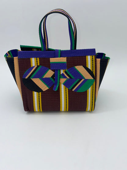 Brownie Medium  handwoven tote bag by SCRUBIES in Brown,Purple,Green,Beige with Stripes design and Bow accent pattern