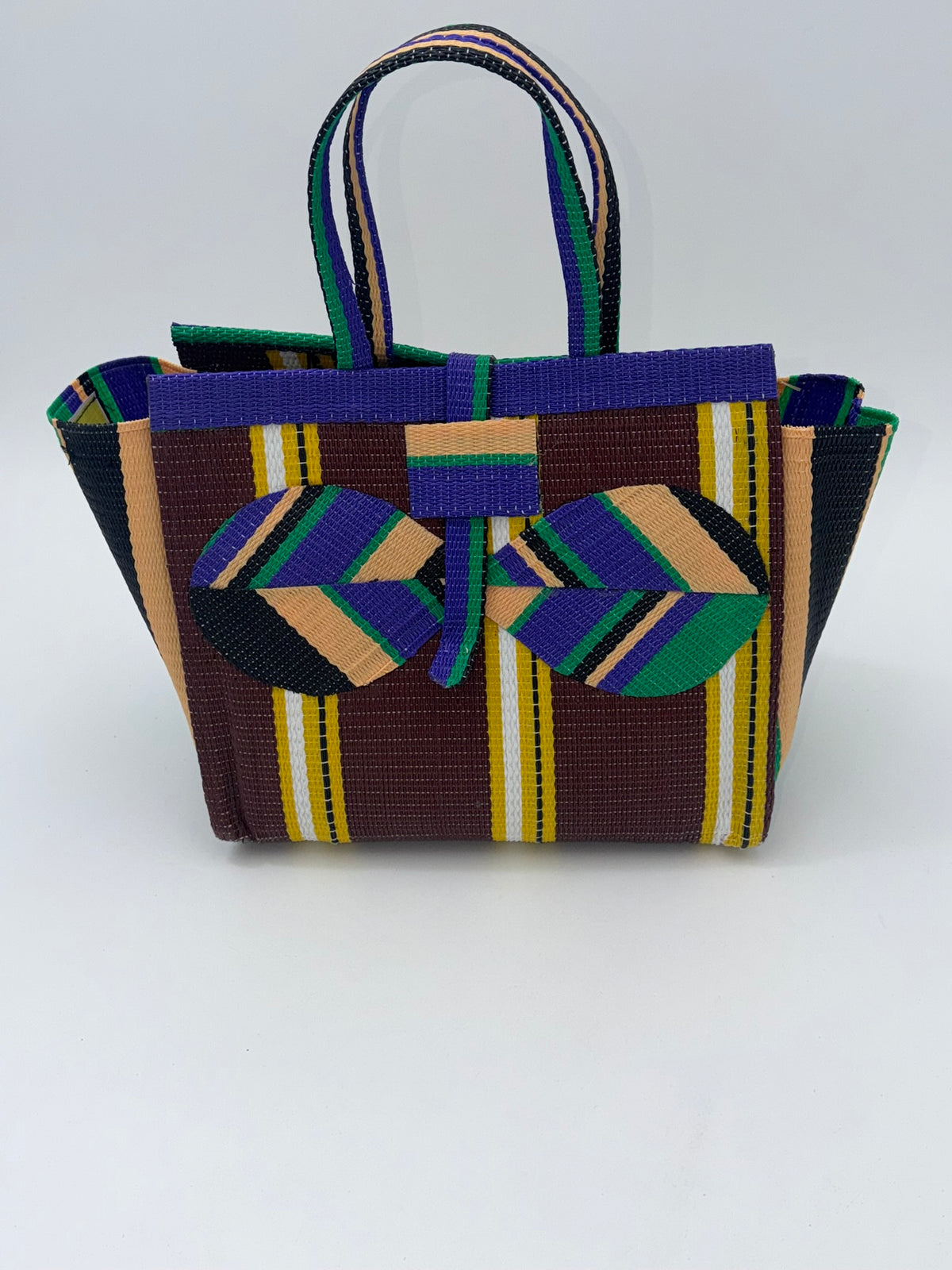 Brownie Medium  handwoven tote bag by SCRUBIES in Brown,Purple,Green,Beige with Stripes design and Bow accent pattern
