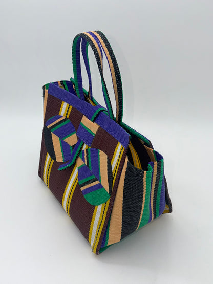 Brownie Medium  handwoven tote bag by SCRUBIES in Brown,Purple,Green,Beige with Stripes design and Bow accent pattern