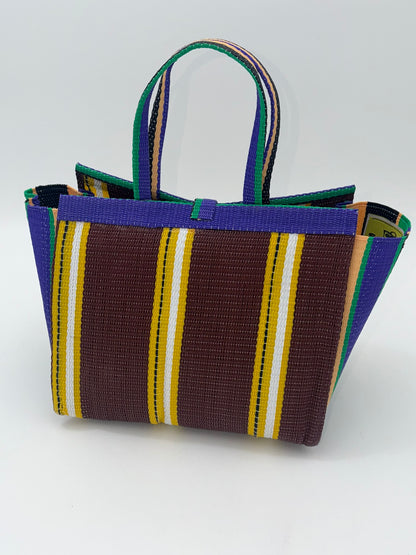 Brownie Medium  handwoven tote bag by SCRUBIES in Brown,Purple,Green,Beige with Stripes design and Bow accent pattern