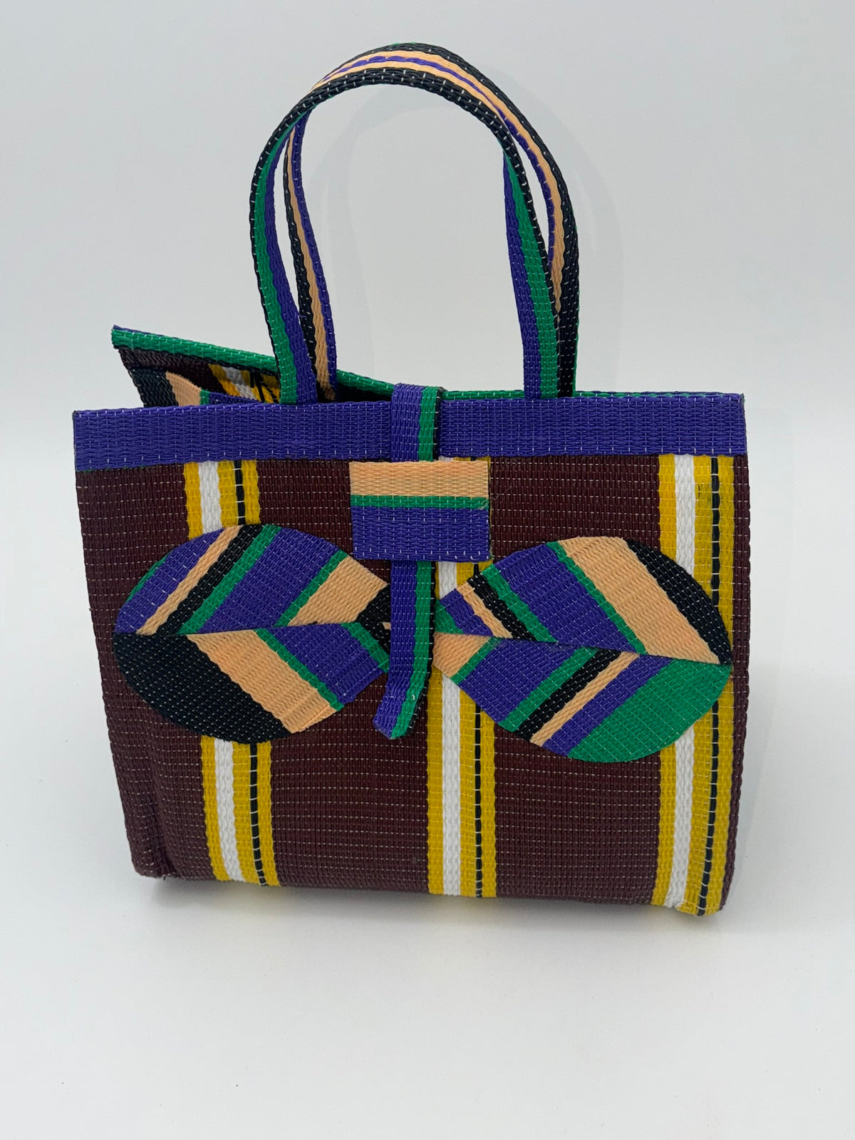 Brownie Medium  handwoven tote bag by SCRUBIES in Brown,Purple,Green,Beige with Stripes design and Bow accent pattern
