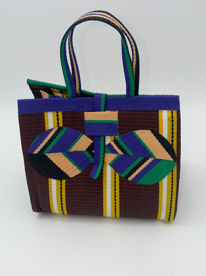 Brownie Medium  handwoven tote bag by SCRUBIES in Brown,Purple,Green,Beige with Stripes design and Bow accent pattern
