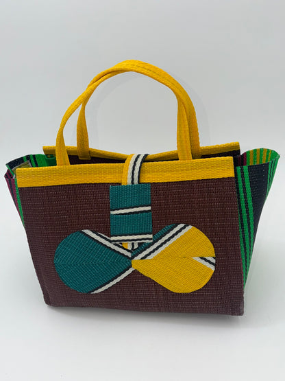 Brownie Medium  handwoven tote bag by SCRUBIES in Brown,Yellow,Green with Solid design and Bow accent pattern