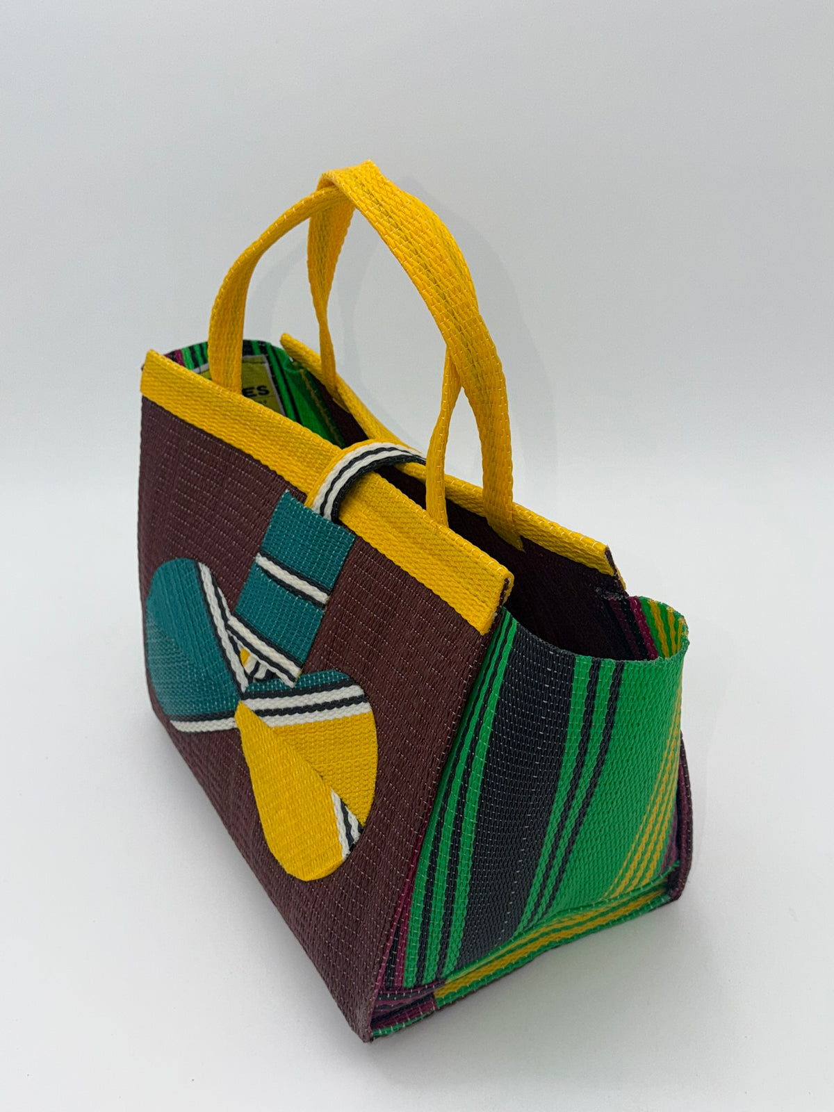 Brownie Medium  handwoven tote bag by SCRUBIES in Brown,Yellow,Green with Solid design and Bow accent pattern