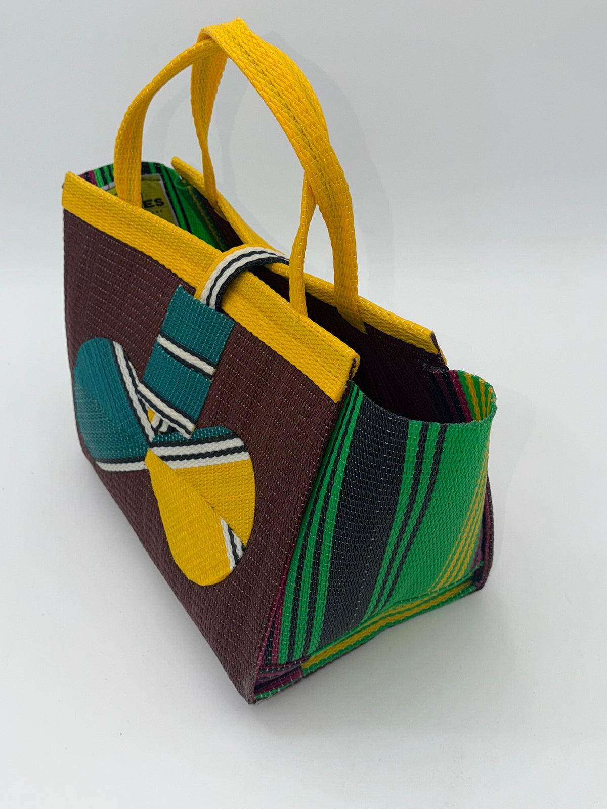 Brownie Medium  handwoven tote bag by SCRUBIES in Brown,Yellow,Green with Solid design and Bow accent pattern
