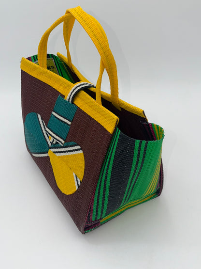 Brownie Medium  handwoven tote bag by SCRUBIES in Brown,Yellow,Green with Solid design and Bow accent pattern