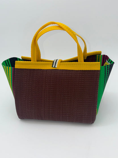 Brownie Medium  handwoven tote bag by SCRUBIES in Brown,Yellow,Green with Solid design and Bow accent pattern
