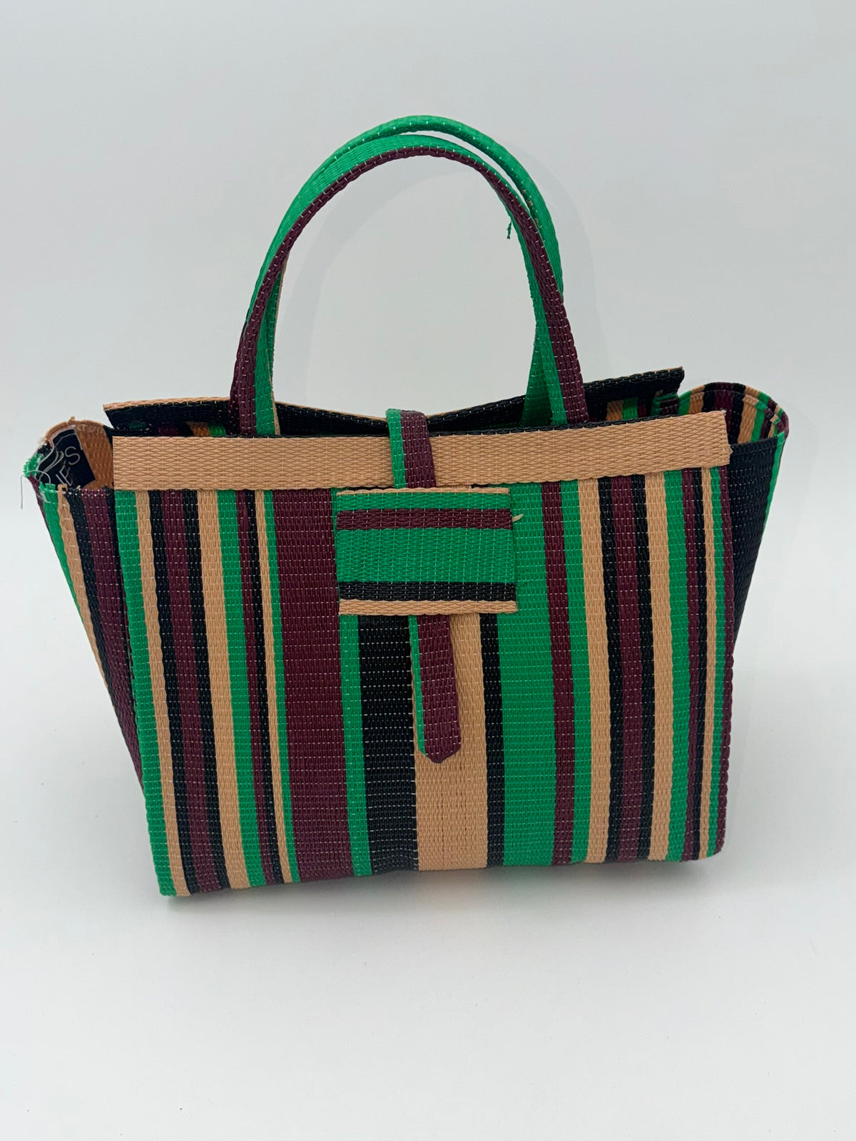Brownie Medium  handwoven tote bag by SCRUBIES in Beige,Wine,Green,Black, with Stripes design and 0 accent pattern