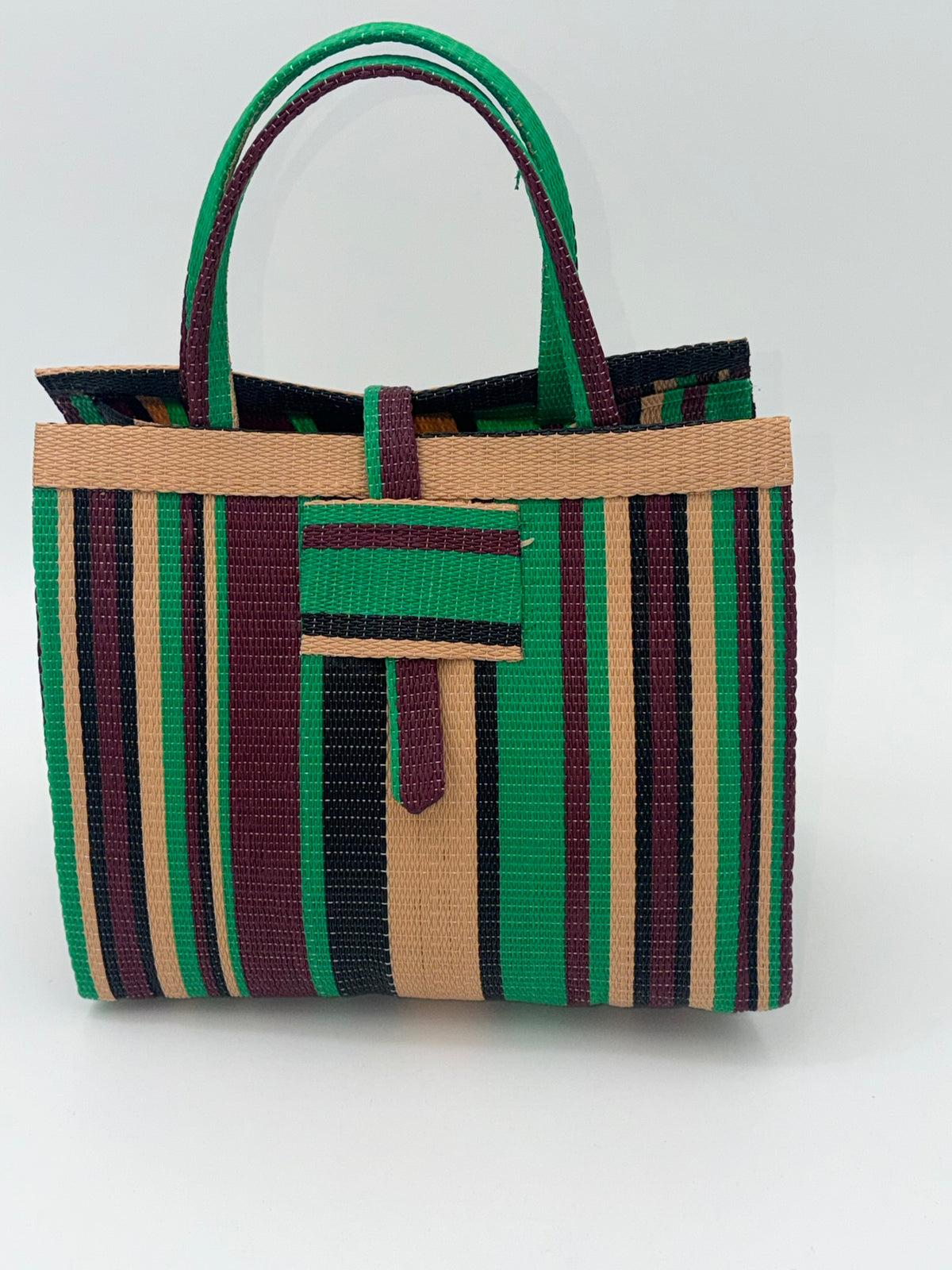 Brownie Medium  handwoven tote bag by SCRUBIES in Beige,Wine,Green,Black, with Stripes design and 0 accent pattern