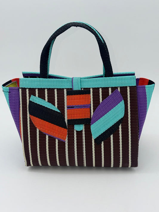 Brownie Medium  handwoven tote bag by SCRUBIES in Brown,Teal,Black,Orange with Stripes design and Leaf accent pattern