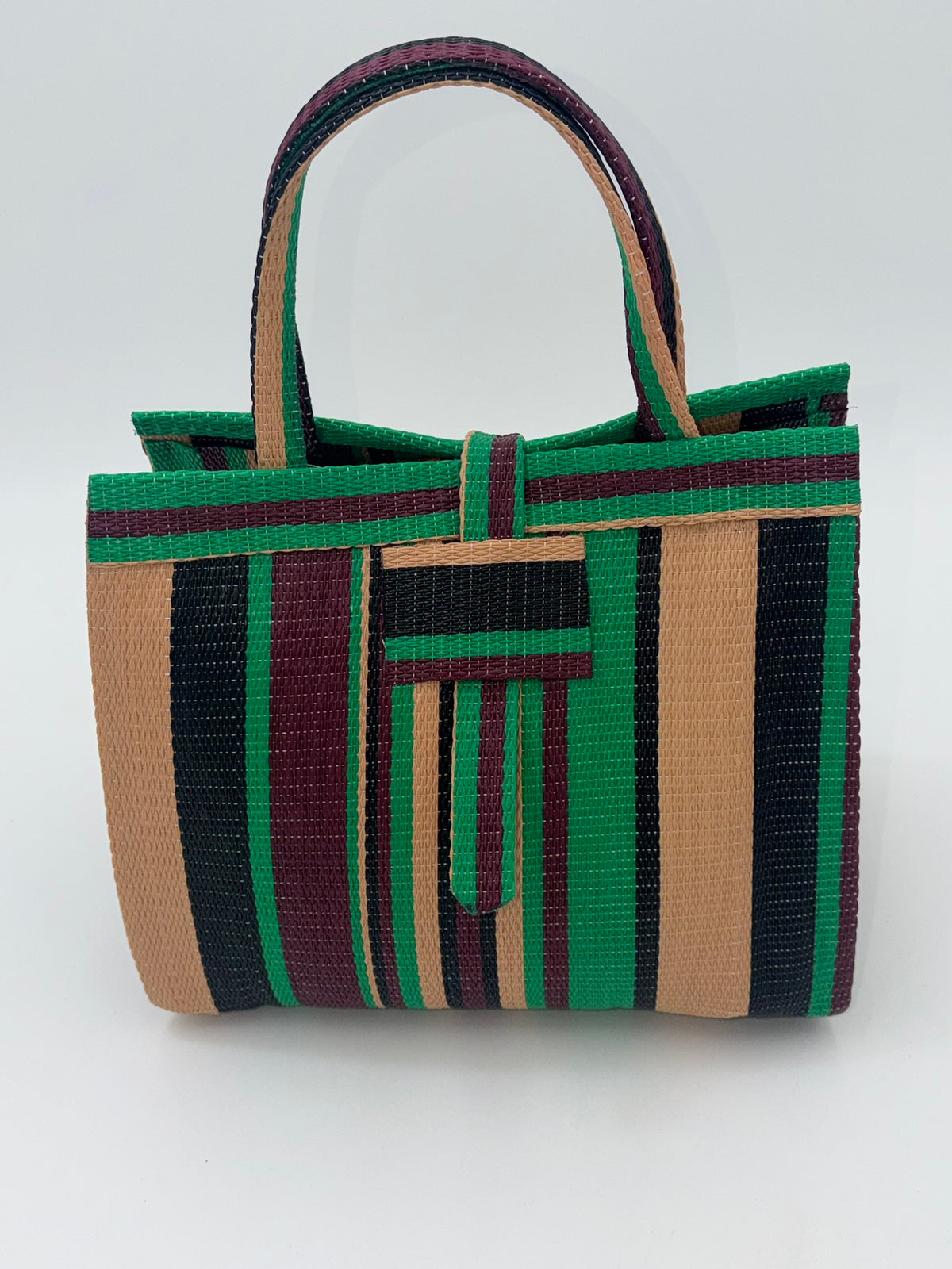 Brownie Medium  handwoven tote bag by SCRUBIES in Beige,Wine,Green,Black, with Stripes design and 0 accent pattern