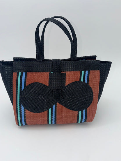 Brownie Medium  handwoven tote bag by SCRUBIES in Brown,Black,Blue with Stripes design and Bow accent pattern