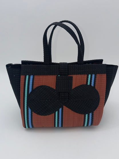 Brownie Medium  handwoven tote bag by SCRUBIES in Brown,Black,Blue with Stripes design and Bow accent pattern