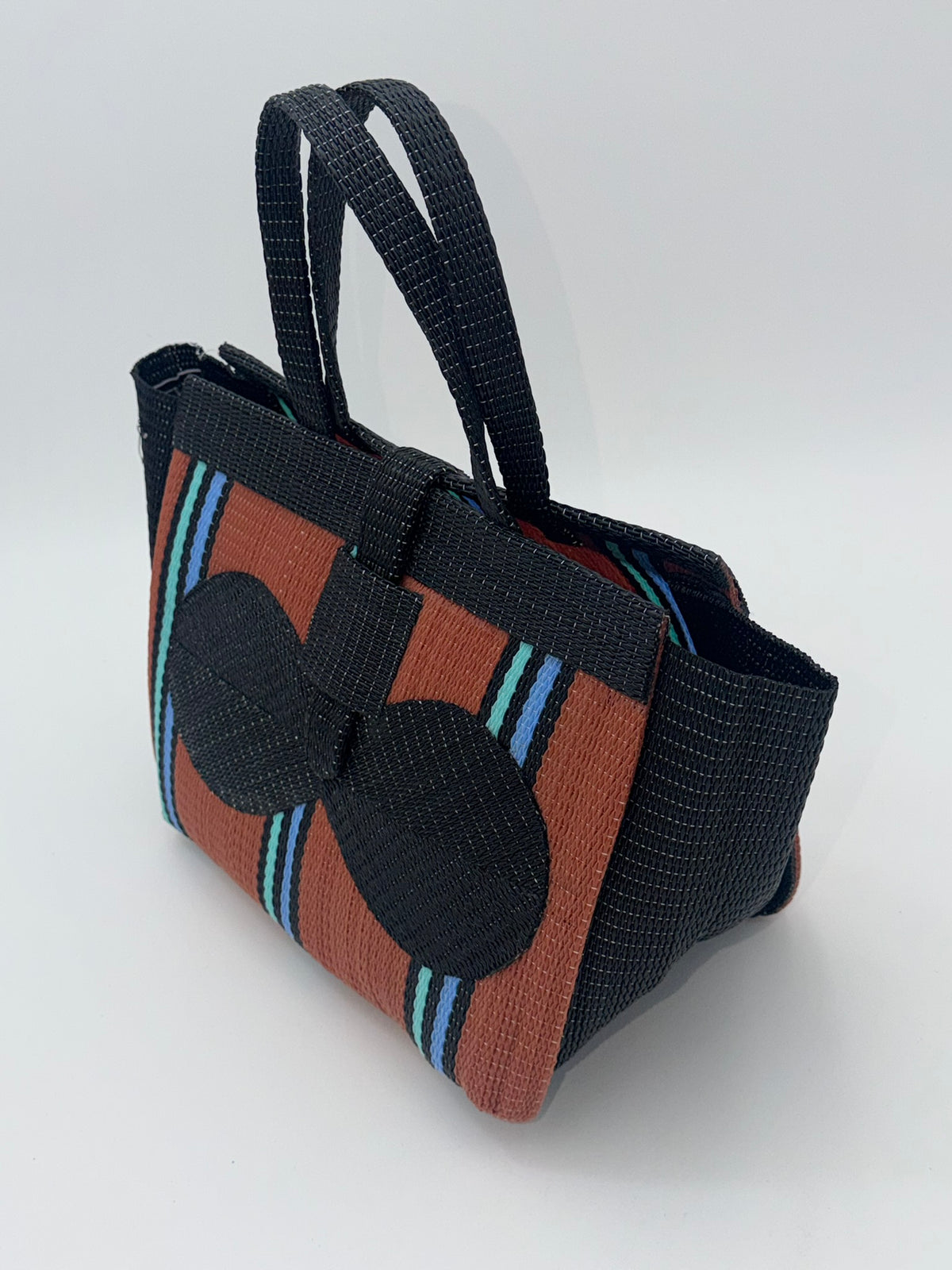 Brownie Medium  handwoven tote bag by SCRUBIES in Brown,Black,Blue with Stripes design and Bow accent pattern