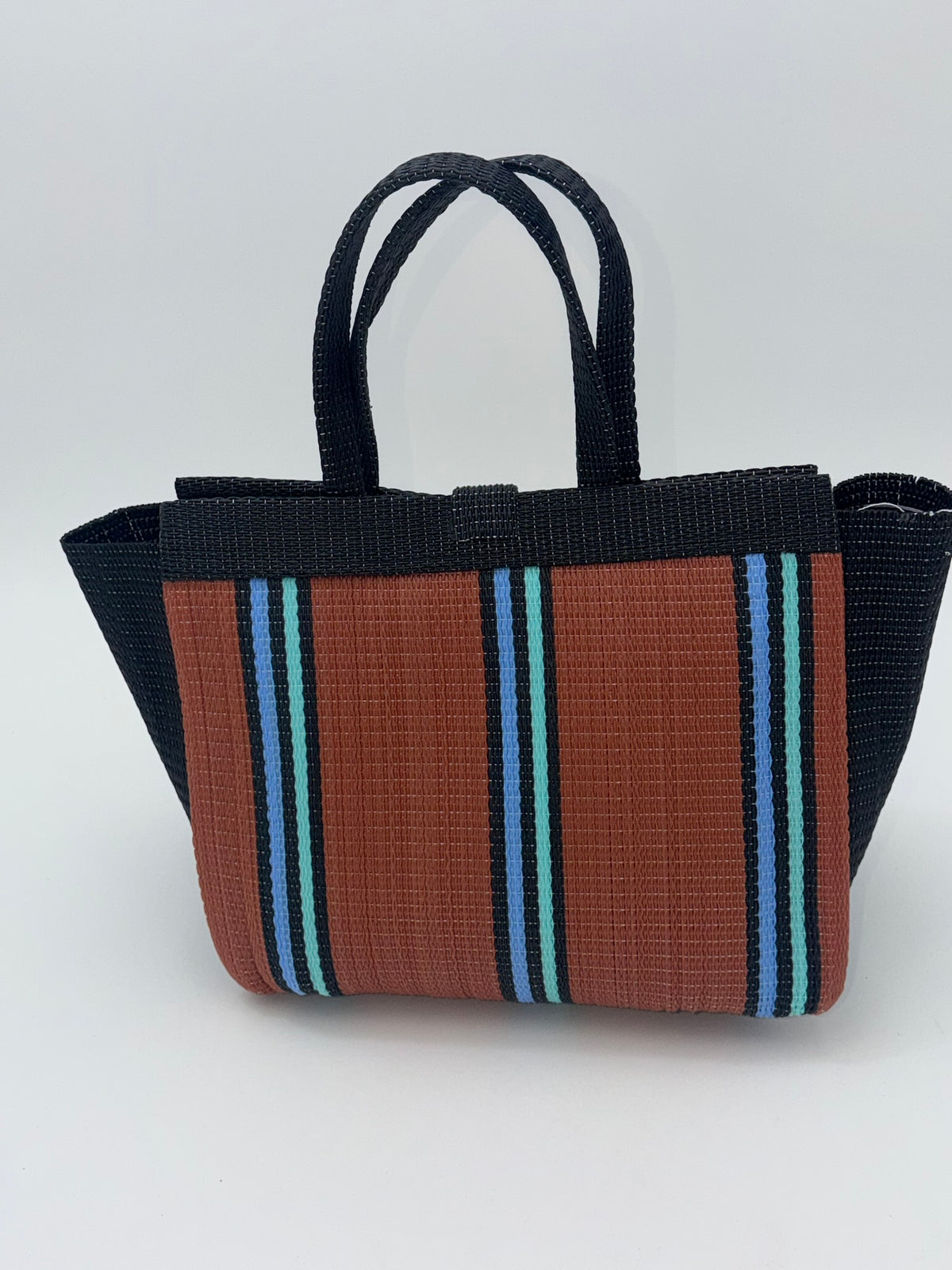 Brownie Medium  handwoven tote bag by SCRUBIES in Brown,Black,Blue with Stripes design and Bow accent pattern