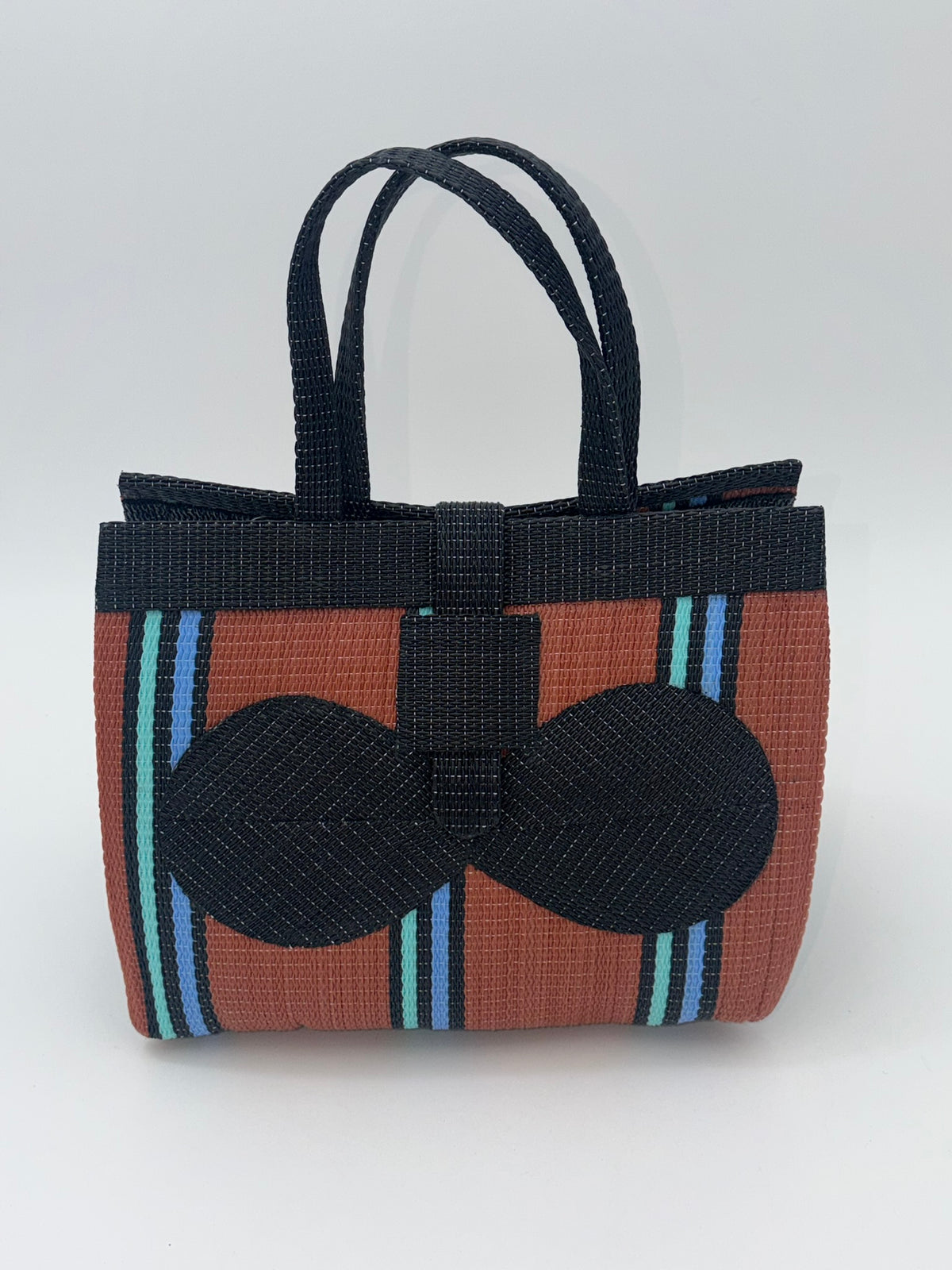 Brownie Medium  handwoven tote bag by SCRUBIES in Brown,Black,Blue with Stripes design and Bow accent pattern