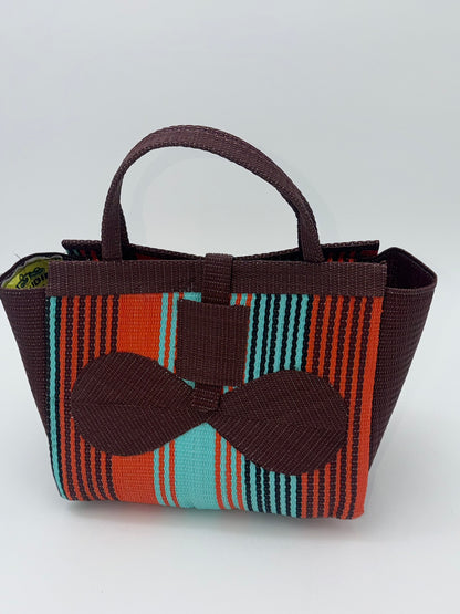 Brownie Medium  handwoven tote bag by SCRUBIES in Brown,Orange,Teal, with Stripes design and Bow accent pattern