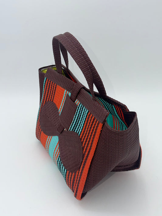Brownie Medium  handwoven tote bag by SCRUBIES in Brown,Orange,Teal, with Stripes design and Bow accent pattern