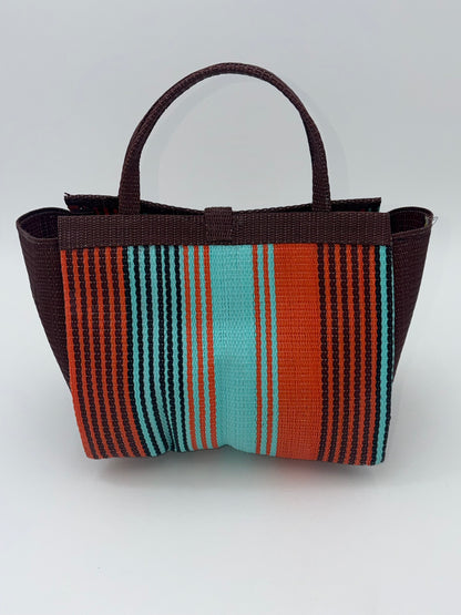 Brownie Medium  handwoven tote bag by SCRUBIES in Brown,Orange,Teal, with Stripes design and Bow accent pattern