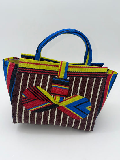 Brownie Medium  handwoven tote bag by SCRUBIES in Brown,Yellow,Red,Blue,Black with Stripes design and Bow accent pattern