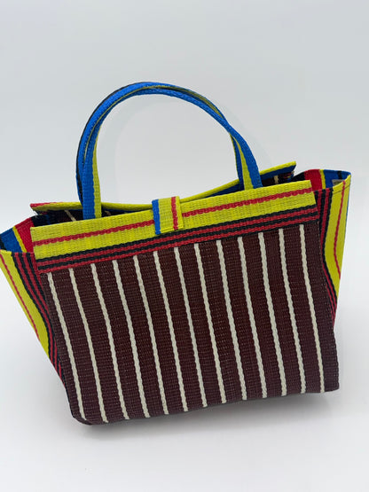Brownie Medium  handwoven tote bag by SCRUBIES in Brown,Yellow,Red,Blue,Black with Stripes design and Bow accent pattern