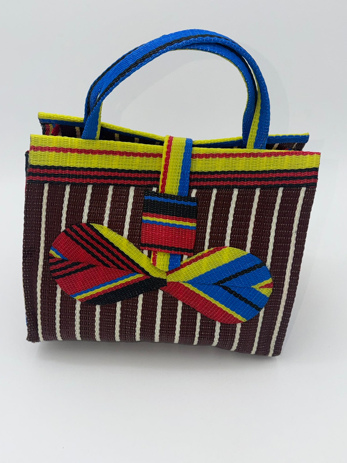 Brownie Medium  handwoven tote bag by SCRUBIES in Brown,Yellow,Red,Blue,Black with Stripes design and Bow accent pattern