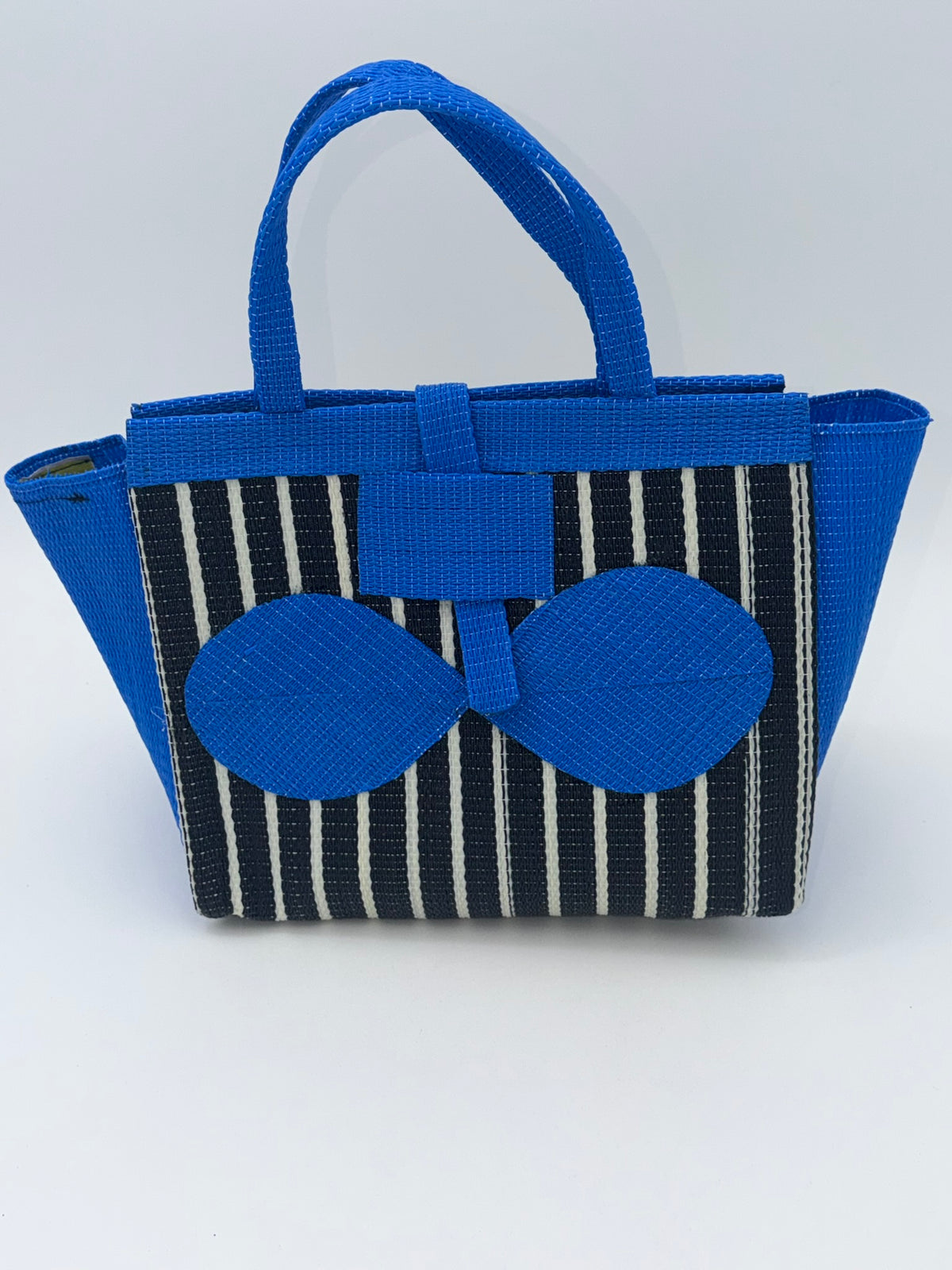 Panda Medium  handwoven tote bag by SCRUBIES in Black,White,Blue with Stripes design and Bow accent pattern