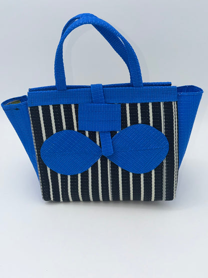 Panda Medium  handwoven tote bag by SCRUBIES in Black,White,Blue with Stripes design and Bow accent pattern