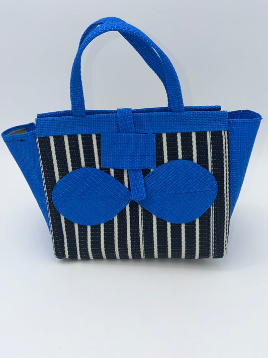 Panda Medium  handwoven tote bag by SCRUBIES in Black,White,Blue with Stripes design and Bow accent pattern