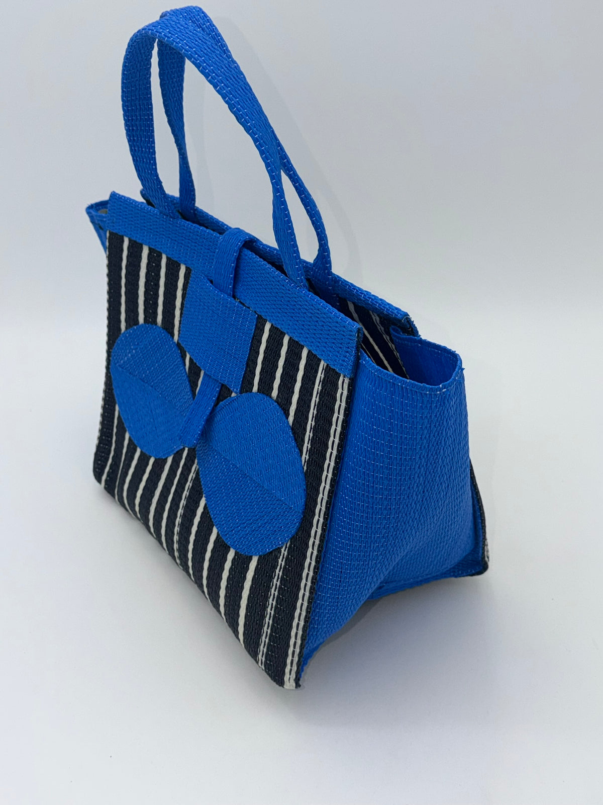 Panda Medium  handwoven tote bag by SCRUBIES in Black,White,Blue with Stripes design and Bow accent pattern