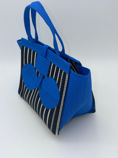 Panda Medium  handwoven tote bag by SCRUBIES in Black,White,Blue with Stripes design and Bow accent pattern
