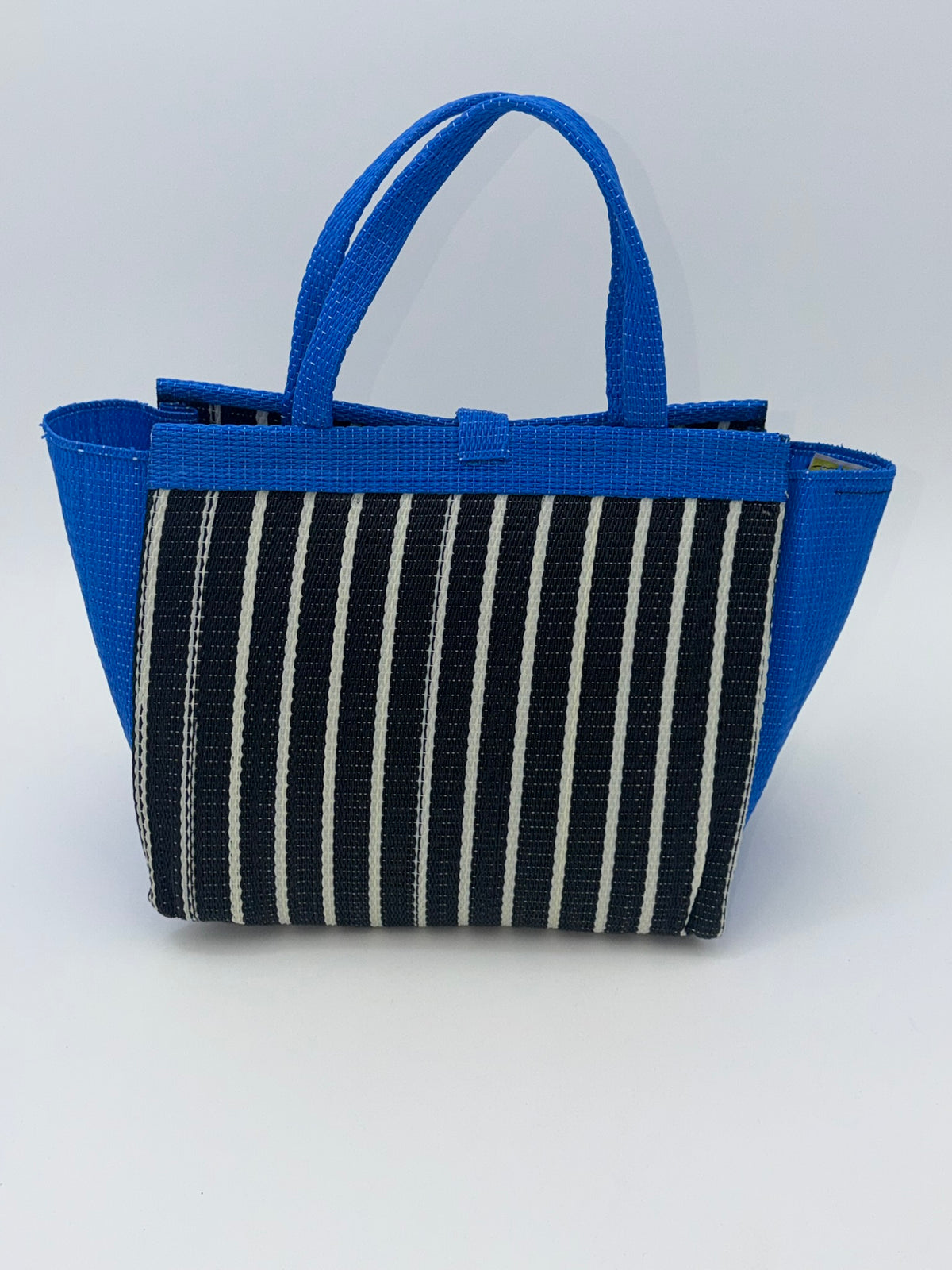 Panda Medium  handwoven tote bag by SCRUBIES in Black,White,Blue with Stripes design and Bow accent pattern