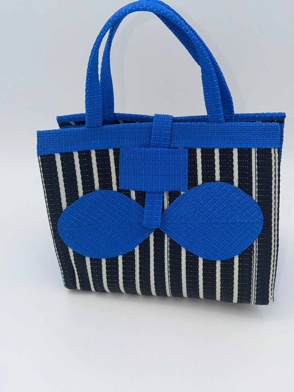 Panda Medium  handwoven tote bag by SCRUBIES in Black,White,Blue with Stripes design and Bow accent pattern