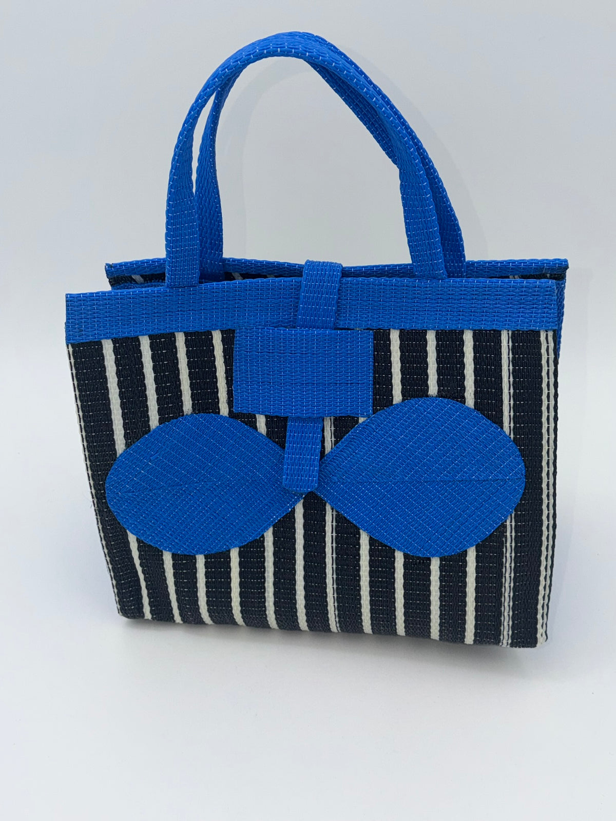 Panda Medium  handwoven tote bag by SCRUBIES in Black,White,Blue with Stripes design and Bow accent pattern