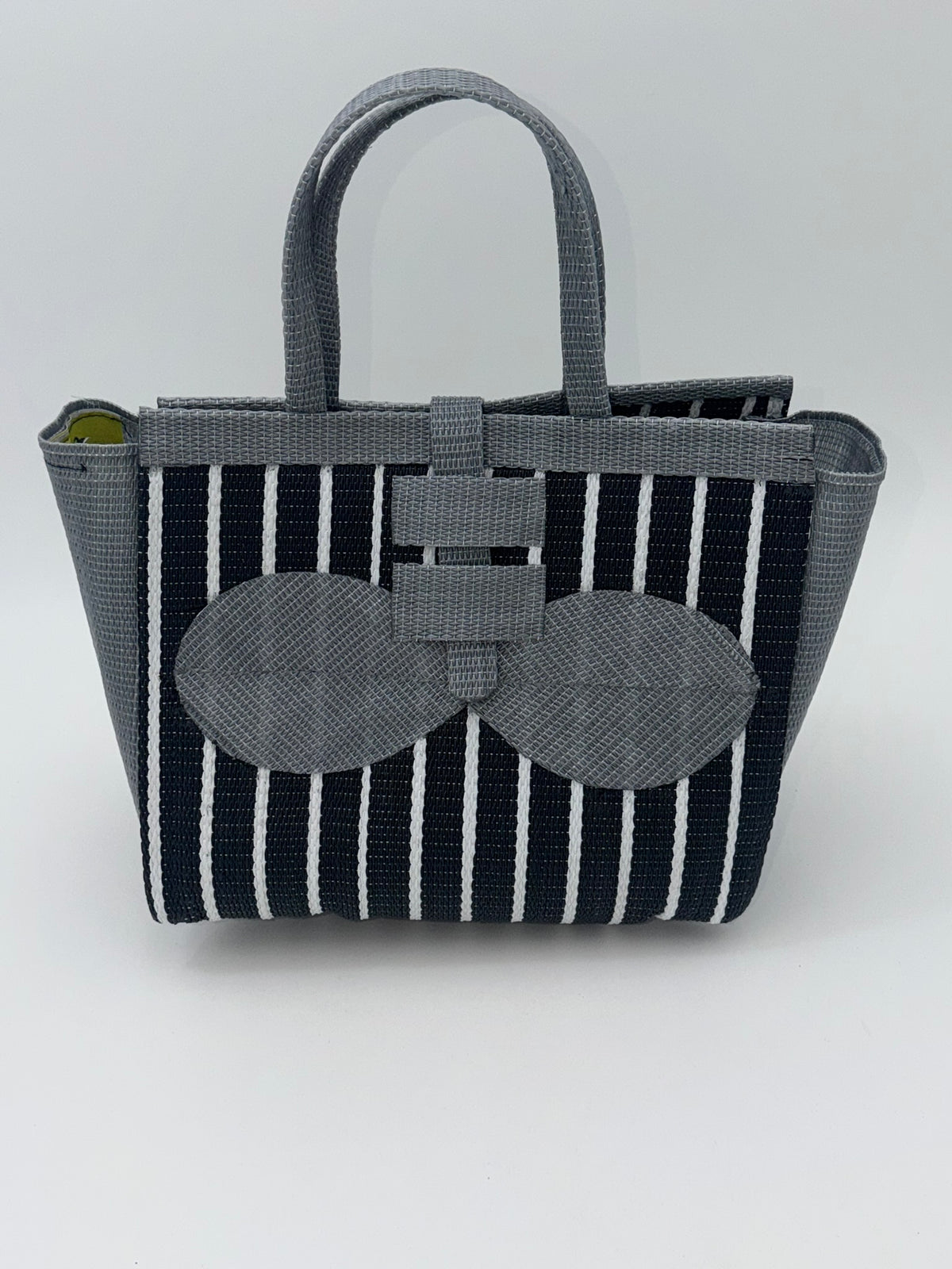 Panda Medium  handwoven tote bag by SCRUBIES in Black,White,Gray with Stripes design and Bow accent pattern
