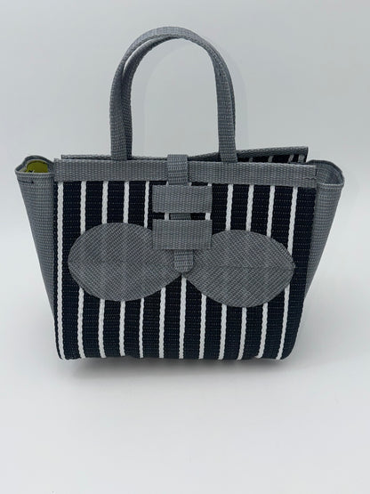 Panda Medium  handwoven tote bag by SCRUBIES in Black,White,Gray with Stripes design and Bow accent pattern
