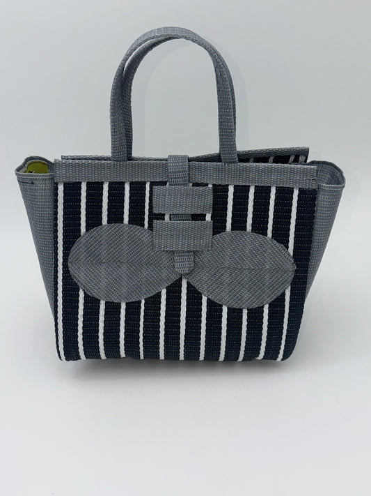 Panda Medium  handwoven tote bag by SCRUBIES in Black,White,Gray with Stripes design and Bow accent pattern