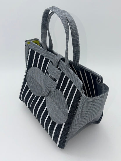 Panda Medium  handwoven tote bag by SCRUBIES in Black,White,Gray with Stripes design and Bow accent pattern