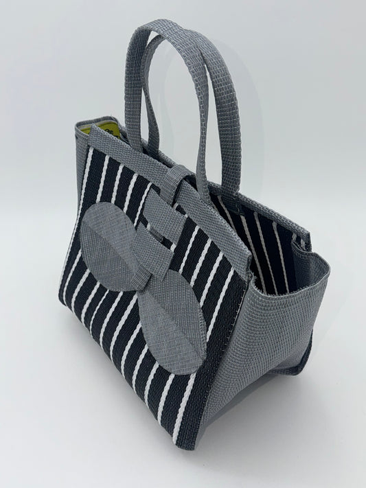 Panda Medium  handwoven tote bag by SCRUBIES in Black,White,Gray with Stripes design and Bow accent pattern