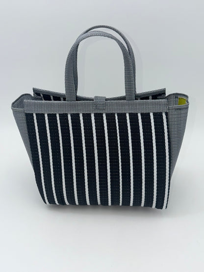 Panda Medium  handwoven tote bag by SCRUBIES in Black,White,Gray with Stripes design and Bow accent pattern