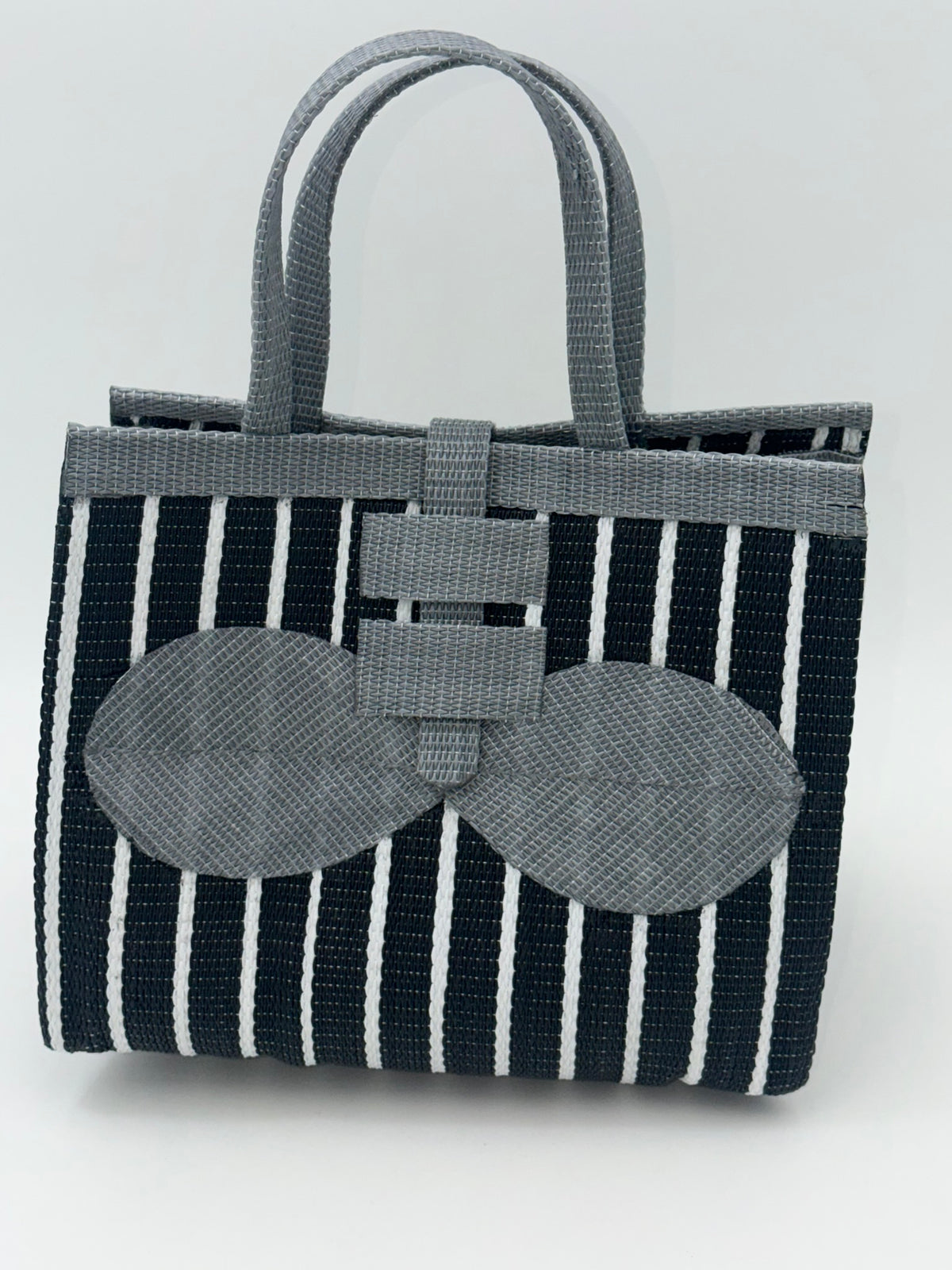 Panda Medium  handwoven tote bag by SCRUBIES in Black,White,Gray with Stripes design and Bow accent pattern