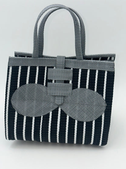 Panda Medium  handwoven tote bag by SCRUBIES in Black,White,Gray with Stripes design and Bow accent pattern